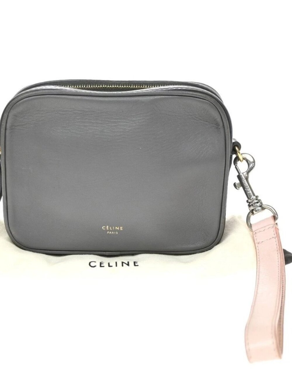 CELINE Logo Mini Strap Pouch Bag Leather Gray France GHW 67KD670